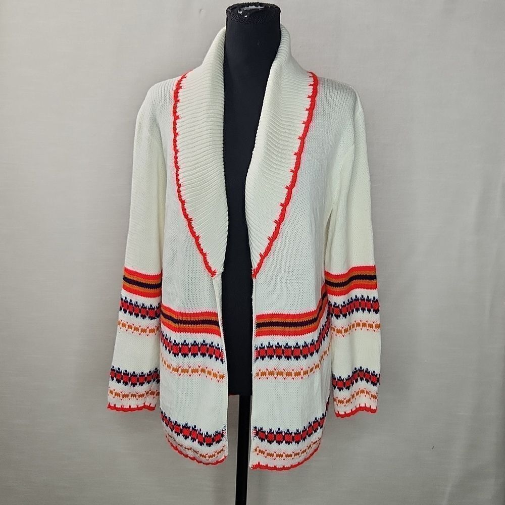 True Vintage 70s White Knit Cardigan Orange Striped Open Front Sweater Women’s S